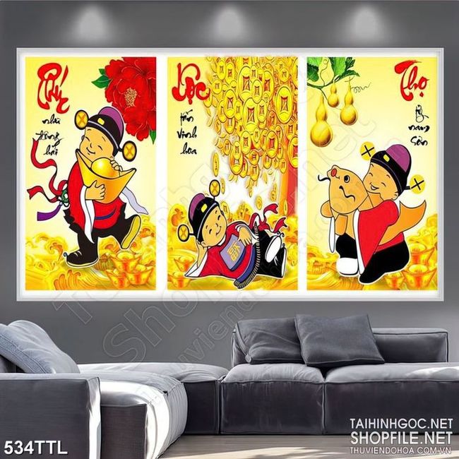 Tranh phúc lộc thọ cưỡi cá chép vàng nghệ thuật