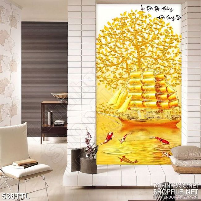 Tranh in treo tết cây kim tiền phong thủy đón tết