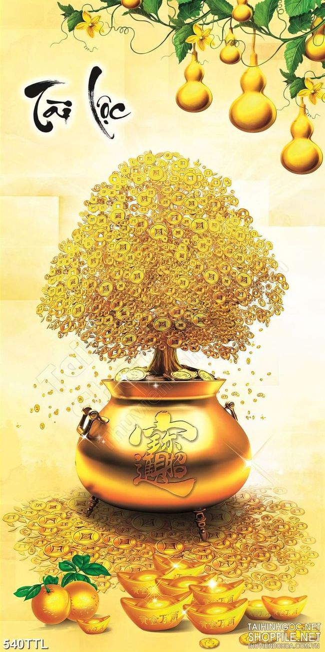 Tranh in canvas cây kim tiền và trái bầu vàng