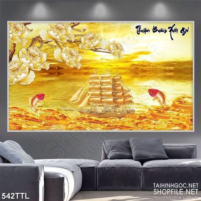 Tranh wall 3d con tàu căng buồm trên biển vàng