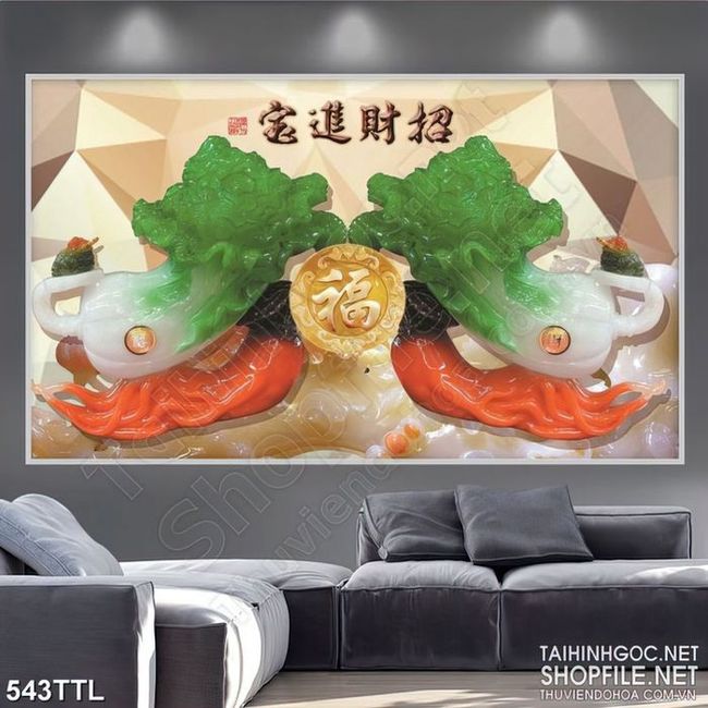 Tranh nghệ thuật chữ phúc bên bắp cải xanh giả ngọc