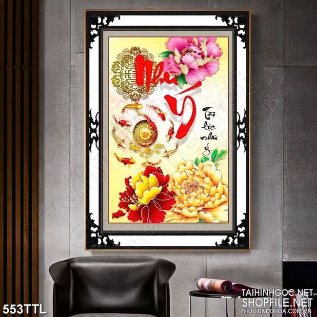 Tranh nghệ thuật đàn cá chép vàng bên chữ như ý