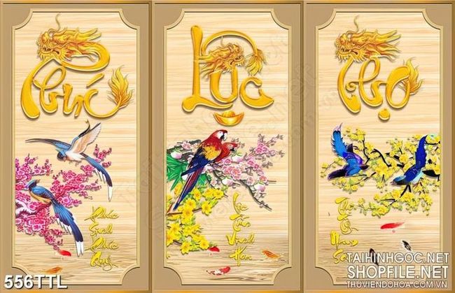 Tranh in uv thư pháp phúc lộc thọ bên cành mai đào
