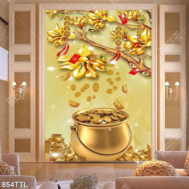 Tranh tài lộc trang trí nội thất hoa mộc lan trên hũ tiền vàng