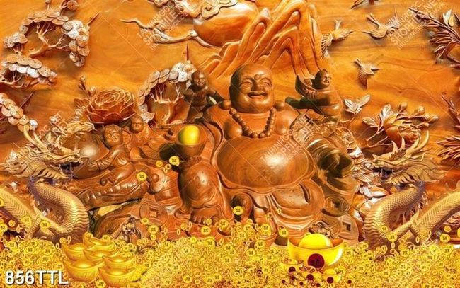 Tranh gắn tường điêu khắc gỗ Phật Di Lặc và tiền vàng file gốc