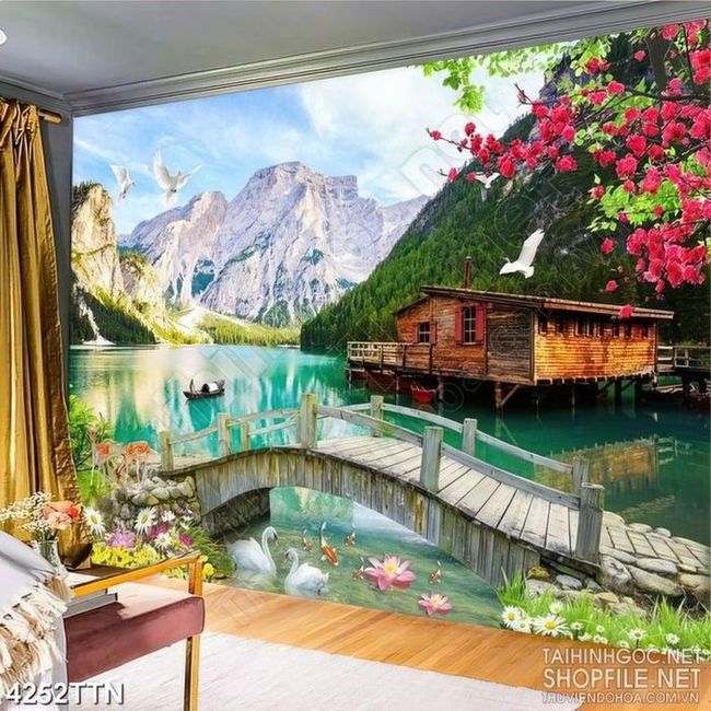 Tranh phong cảnh thác nước ngôi nhà sàn trên dòng sông in canvas