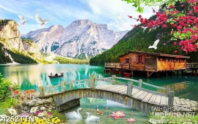 Tranh phong cảnh thác nước ngôi nhà sàn trên dòng sông in canvas