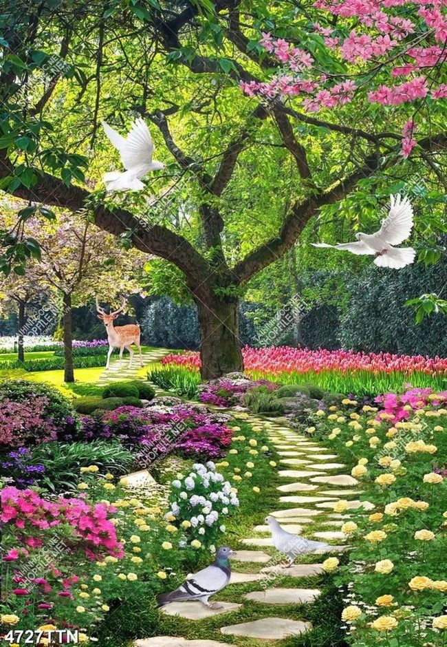 Tranh phong cảnh vườn hoa và nai đẹp chất lượng cao