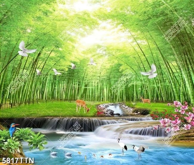 Tranh phong cảnh thác nước chảy dưới rừng trúc xanh lá tuyệt đẹp