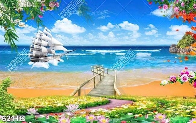 Tranh phong cảnh biển chiếc cầu gỗ dẫn ra biển đẹp nhất