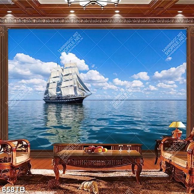 Tranh con thuyền trên mặt biển lặng decor phòng khách