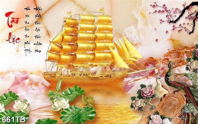 Tranh tài lộc thuyền vàng và hoa sen giả ngọc chất lượng cao