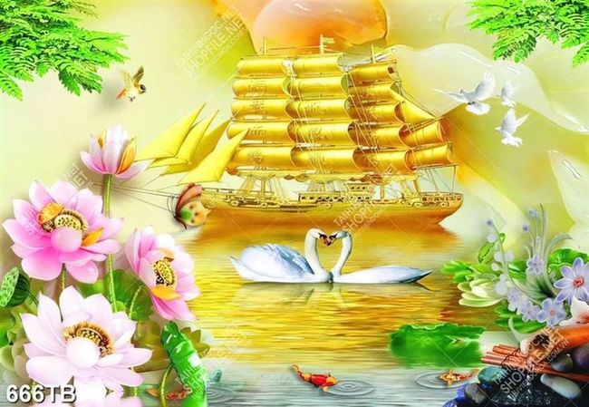 Tranh thuyền vàng bên đôi thiên nga và hoa sen đẹp nhất
