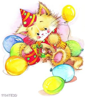 Tranh vẽ màu nước chú mèo con và bong bóng