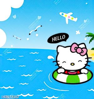 Tranh mèo Kitty tắm biển