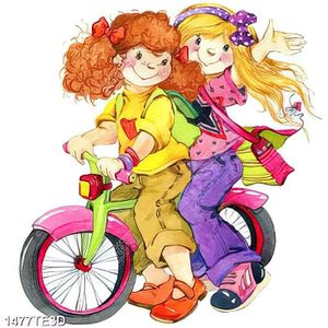 Tranh 2 cô bé cưỡi xe đạp