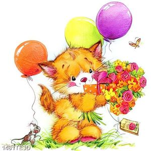 Tranh trẻ em chú mèo và món quà xinh xắn