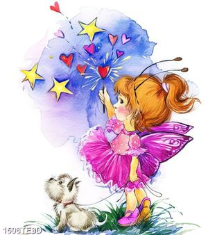 Tranh màu nước bé và chú chó con