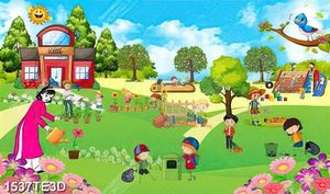 Tranh cô dạy trẻ trồng cây
