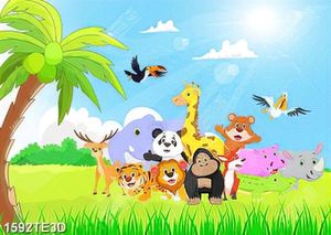 Tranh animal trên đồng cỏ trang trí phòng bé
