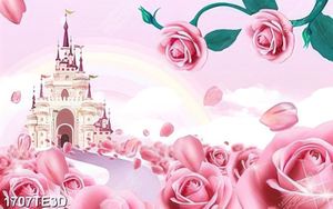 Tranh 3D hoa hồng và lâu đài dán tường đẹp