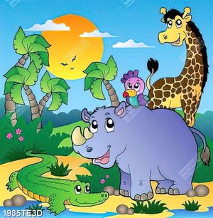 Tranh vẽ màu hươu cao cổ và tê giác