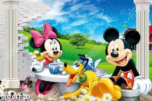 Tranh 3D gia đình chuột Mickey uống trà