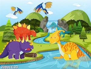 Tranh các loại khủng long bên hồ nước