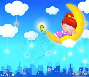 Tranh hoạt hình em bé ngủ trên mặt trăng