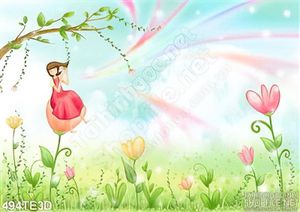 Tranh hoạt hình cô gái ngồi bên bông hoa