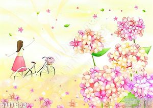 Tranh hoạt hình cô gái và hoa cẩm tú cầu