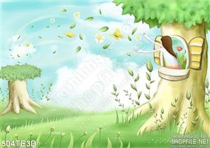 Tranh hoạt hình cô gái trong ngôi nhà cây