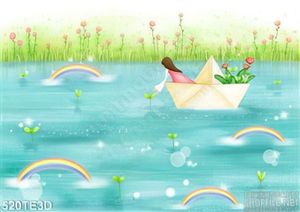 Tranh hoạt hình cô gái ngồi thuyền giấy