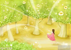 Tranh cô gái đi trong rừng cây
