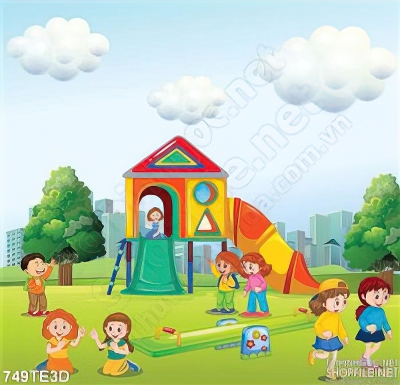 Tranh trẻ em chơi cầu trượt cùng bạn