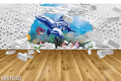 Tranh tường 3D cá heo trang trí tường bé