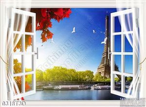 Tranh 3D cửa sổ và tháp eiffel