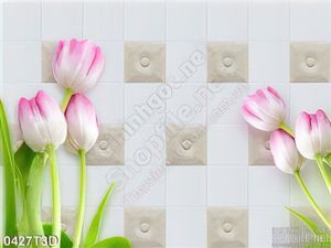 Tranh 3D hoa tulip nền gạch trang trí