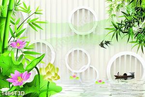 Tranh 3d dán tường hoa sen và bụi tre trên sông