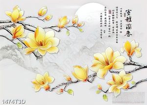 Tranh 3d treo tường cành hoa mộc lan vàng bên trăng