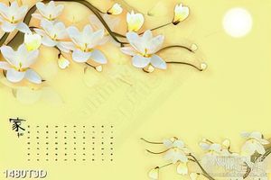 Tranh 3d treo tường cành hoa mộc lan trắng bên trăng