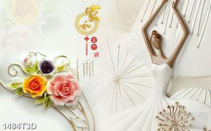 Tranh 3d treo tường chiếc váy cô dâu bên hoa hồng psd