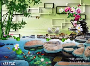 Tranh 3d dán tường  con suối nhỏ và hoa mẫu đơn