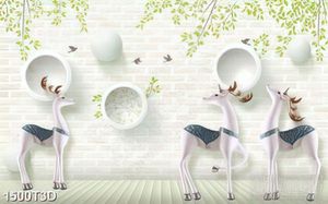 Tranh 3d treo tường đàn huơu bên những chú chim nhỏ