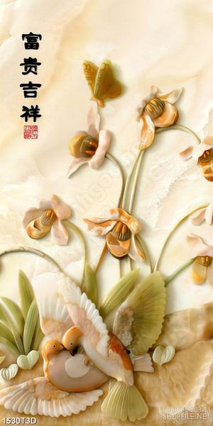 Tranh 3d dán tường đôi chim non bên cây hoa giả ngọc
