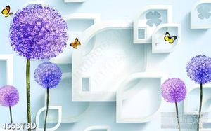 Tranh 3d dán tường  hoa bồ công anh tím bên đàn bướm