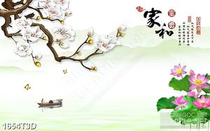 Tranh 3d dán tường người lái đò trên hồ hoa sen hồng