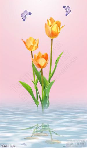 Tranh 3d trang trí hoa tulip giữa dòng nước và đàn bướm