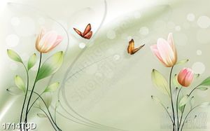 Tranh 3d dán tường những bông hoa tulip bên đàn bướm