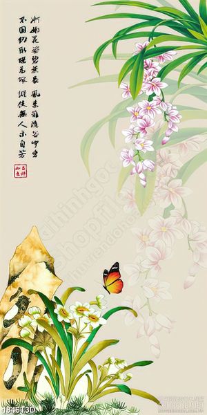 Tranh 3d dán tường hoa phong lan bên chú bướm vàng